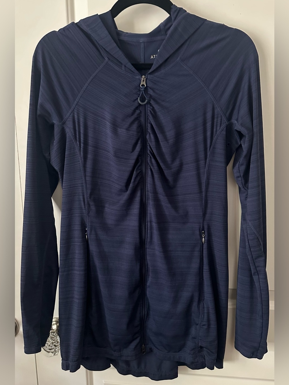 Athleta Ruched Full Zip Hoodie Navy Blue Stretch Size M